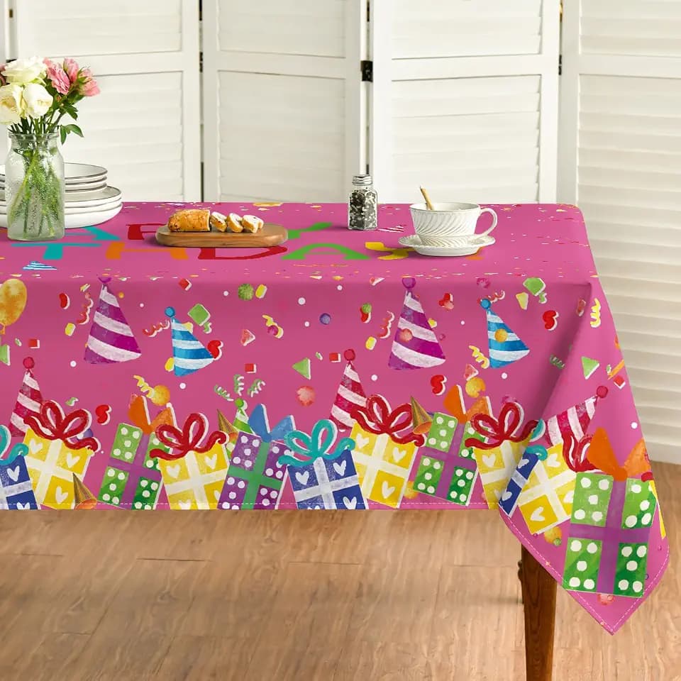 Horaldaily Pink Birthday Tablecloth, 60x84 Inch Rectangular
