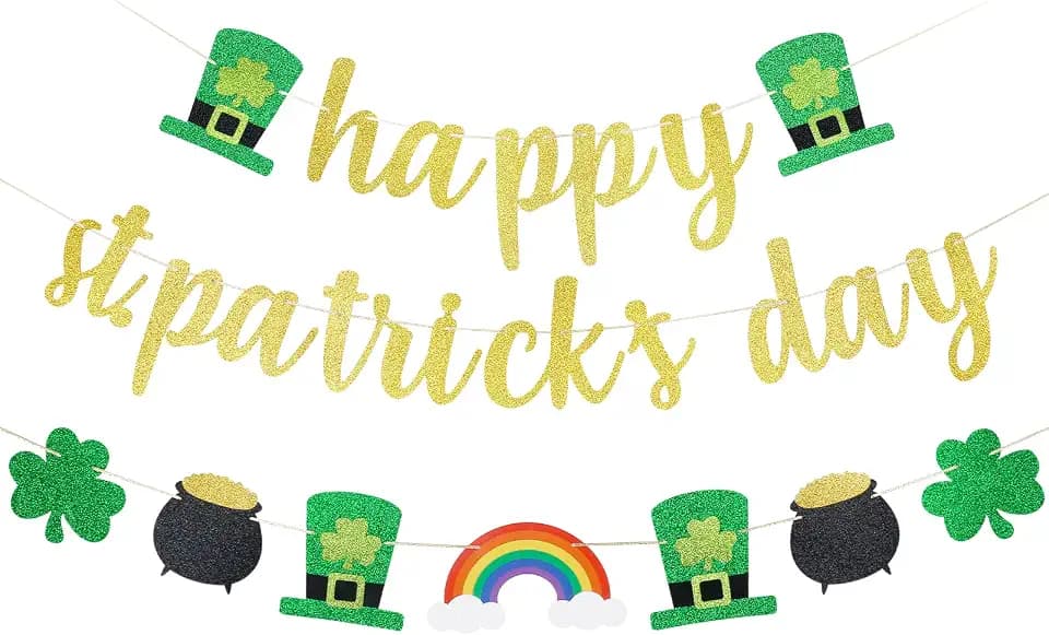 Happy St Patricks Day Banner Gold Glitter Saint Patricks Day Shamrock Clover Garland Banner Decorations for Happy Saint Patrick's Day Banner Decorations
