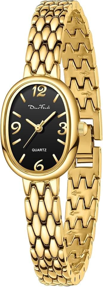 Diaofendi Petite Vintage Oval Gold Women’s Watch, Waterproof Elegant Watch with Japanese Quartz Movement, Adjustable Strap with Tool