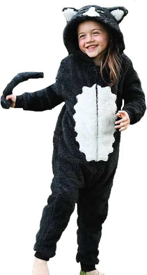 Einteiler für Jungen oder Mädchen, superweiches Fleece, flauschig, schwarz-weiß, Katze, Kätzchen mit Schwanz, Tierkostüme, AllinOnes für Kinder im Alter von 2–13 Jahren