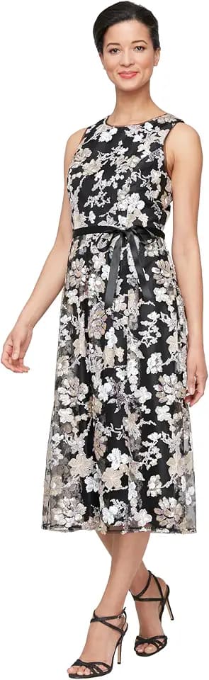 Alex Evenings Women's Sleeveless Midi Dress with Elegant Embroidery, Full Skirt and Tie Belt (Petite and Regular Sizes)