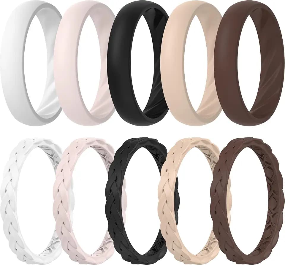 ThunderFit Braided Classic Mix Women's Silicone Rings, 1.9mm Thick Rubber Engagement Rings - Braided and 4mm Classic Rings Combo