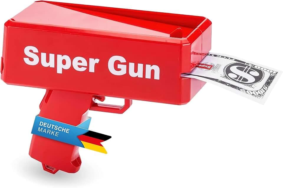 GOODS+GADGETS® Geldpistole mit 100 Scheinen. 15/Sek Money Gun für Partys