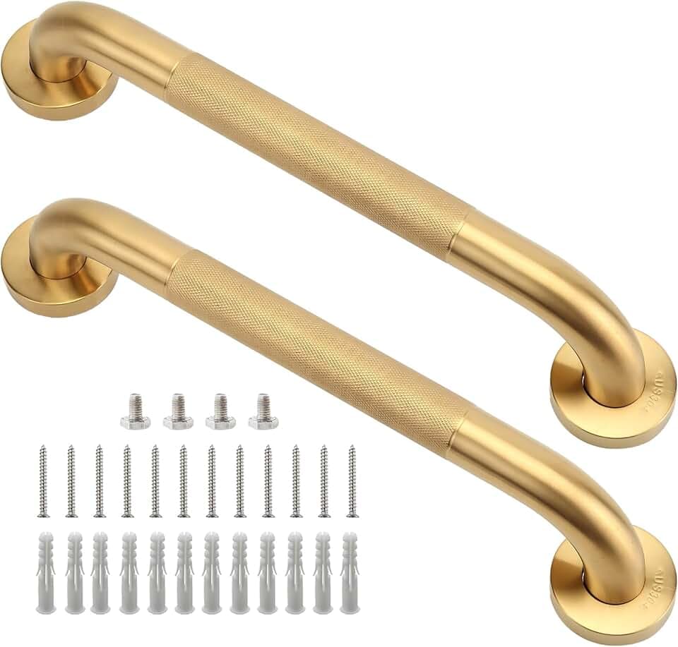 Shower Grab Bar, 2 Pack 16 Inch Gold Bathroom Grab Bar, 1.25" Diameter 304 Stainless Steel Anti-Slip Grab Bars for Bathtubs and Showers, Handicap Shower Grab Bar for Seniors Elderly