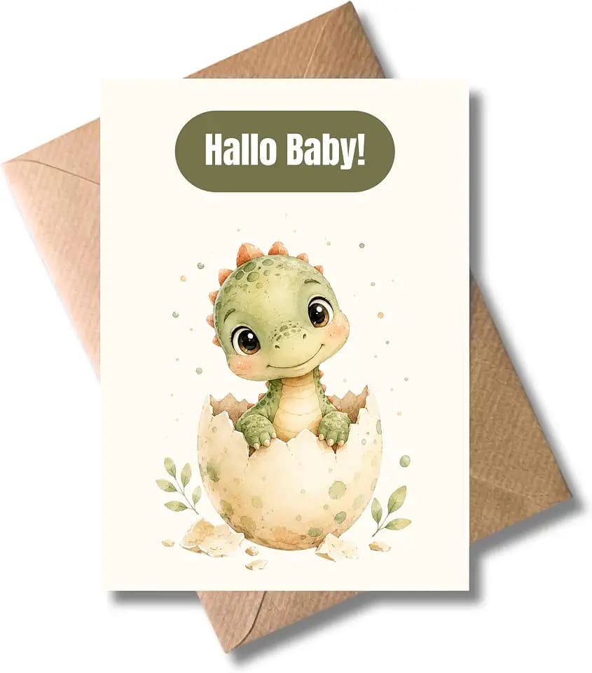 WBdesignz süße Dino Glückwunschkarte zur Geburt mit Umschlag - Hallo Baby - Niedlicher Dinosaurier - Babygeschenk Karte Baby Mädchen Junge - Babyglück - Gratulation für Eltern Freunde Familie (DIN A6)