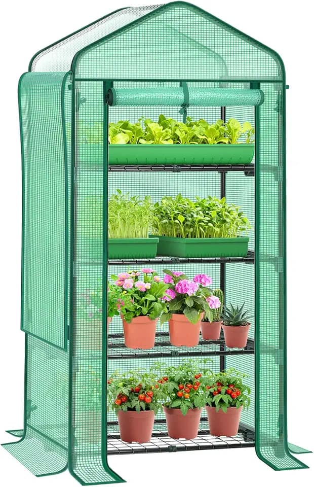 Mini Greenhouse with Screen Roof, Ohuhu Upgraded Portable 4 Tier Small Greenhouses for Outdoors Indoor with Reelable Door, Heavy Duty Plastic Green House for Outside Garden Patio Yard Porch Balcony