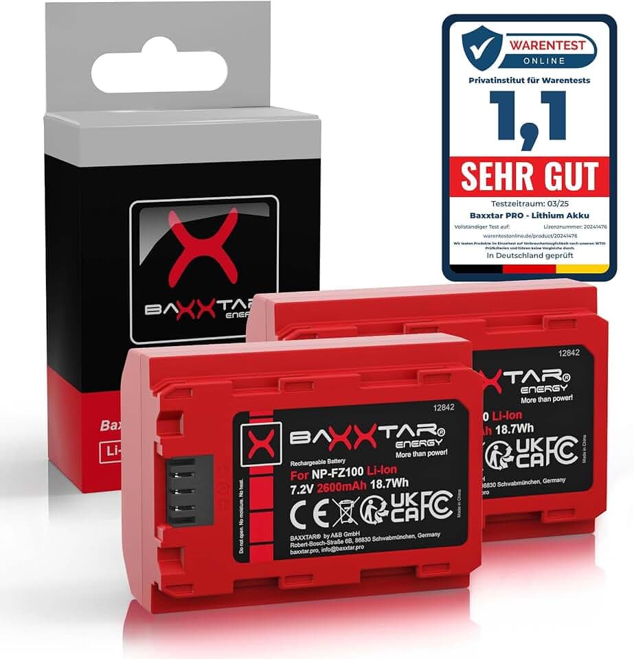 Baxxtar Pro NP-FZ100 2600mAh Akku Pack (Generation IV) kompatibel mit Sony FX30 Alpha 6700 A1 7 IV 7C II 7CR 7R IV V ZV-E1 usw.