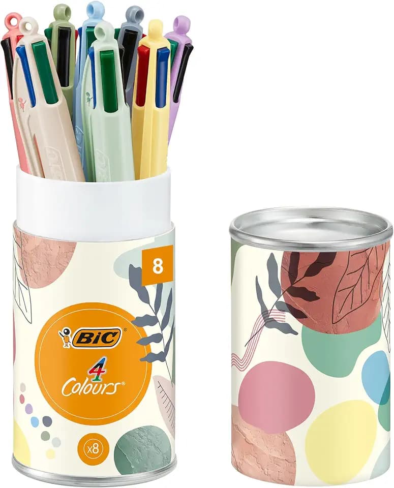 BIC 4 Colours Mineral & Pastell Kugelschreiber mit mittlerer Spitze (1,00 mm) – verschiedene Schäfte in Mineral- und Pastelltönen, Pack à 8