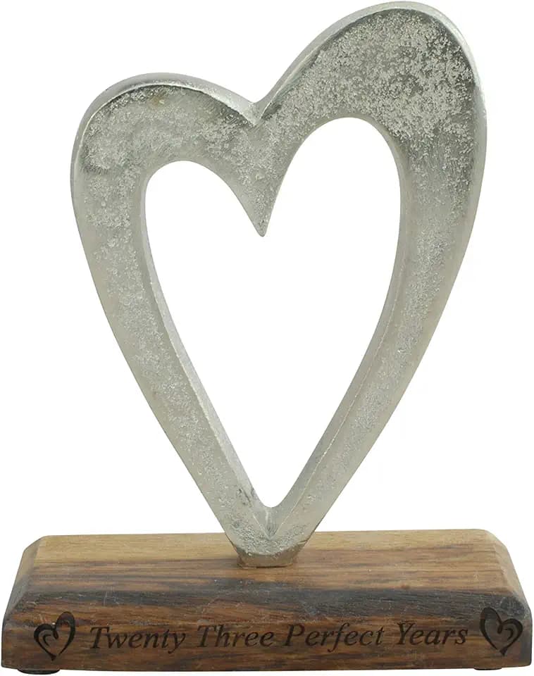 Twenty Three Perfect Years 23rd Anniversary Rustic Metal Heart Decoration – Free Standing Aluminium & Wooden Decoration (hssperf-23)
