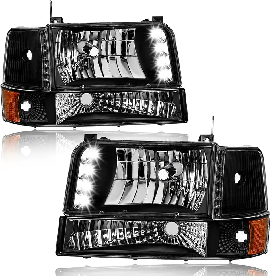 Pair Headlights for 1992-1996 Ford F150 F250 F350 Bronco Replacements w/LED Running Light Bar Amber Reflector Black Housing