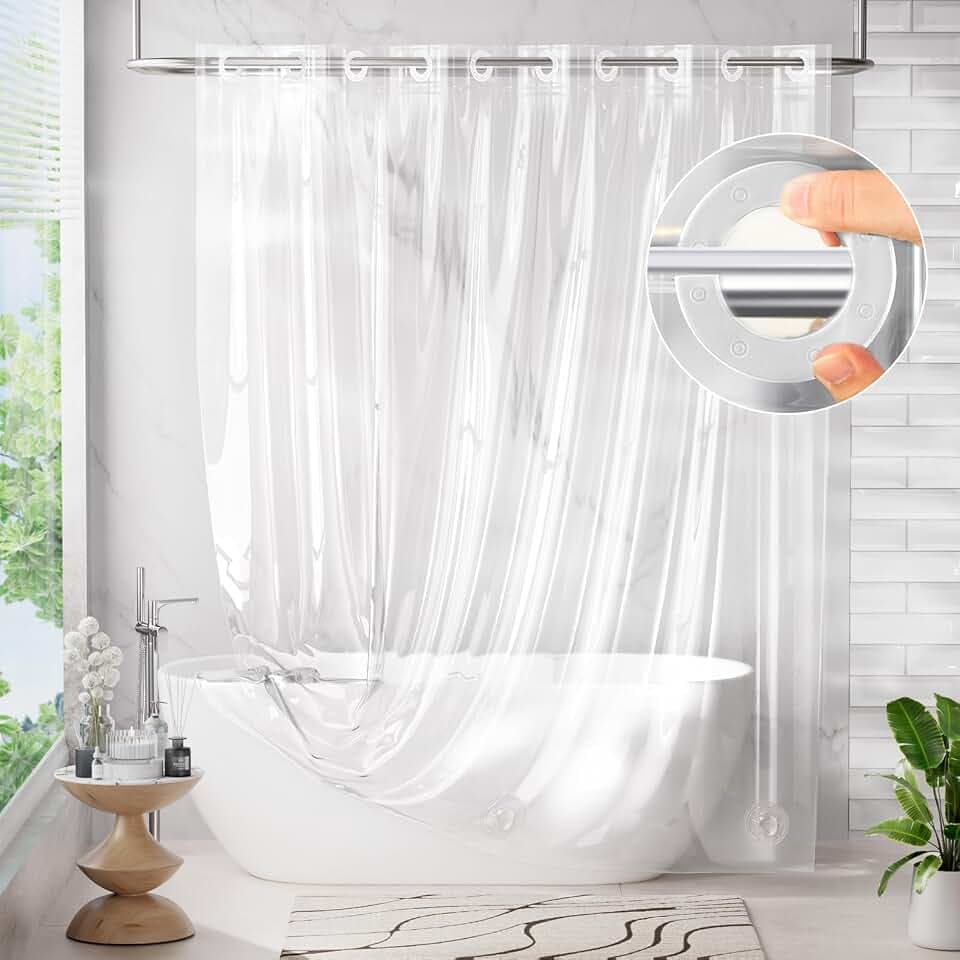 AmazerBath No Hook Shower Curtain and Liner 3-in-1, 100% EVA Luxury Soft Heavy Duty Clear Shower Liner, 72x75 Hookless Shower Curtain with 3 Heavyweight Stones