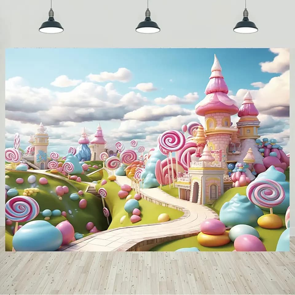 10x8ft Candyland Backdrop Fantasy Sweet Candy Castle Cream Photography Background Candyland Theme Boys Girls Birthday Party Decorations Banner Photo Studio Props