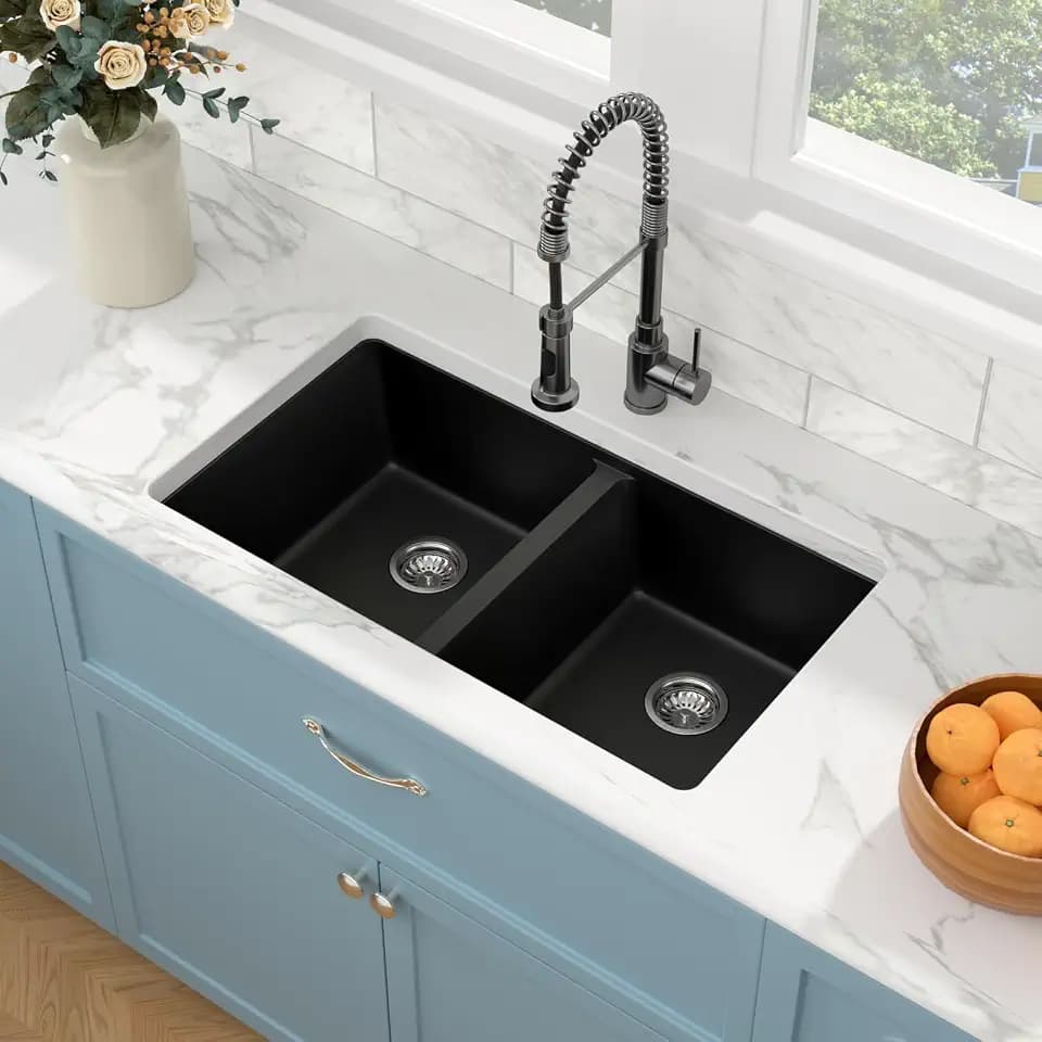 Sarlai 33 Black Granite Composite Kitchen Sink - 33"x19"Double Bowl Undermount Kitchen Sink Double Basin 50/50 Matte Black Quartz Under Counter Sinks Basin with Accessories