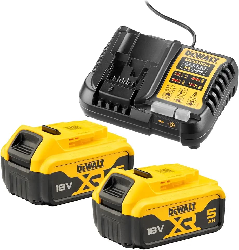 DEWALT 18 Volt / 5.0 Ah Akku Starter-Kit DCB1104P2 (bestehend aus 2x Akkus (DCB184-XJ) & 1x System-Schnellladegerät (DCB1104-QW), mit Ladzustandsanzeige, passend für alle 18 Volt XR Akku-Maschinen)