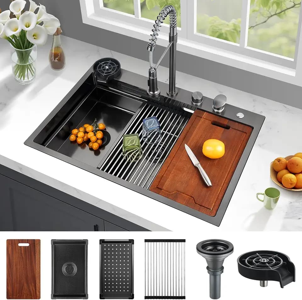 30x22 Inch Waterfall Kitchen Sink with Faucet Combo, Nano PVD Black 16 Gauge Stainless Steel Workstation, Multifunctional Handmade Drop-In Single Bowl Sink