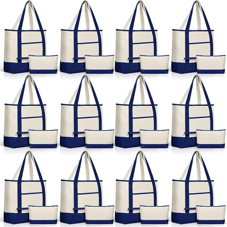 Sanwuta 24 Pcs 18'' Canvas Tote Bags Bulk with Makeup Bag, Blue