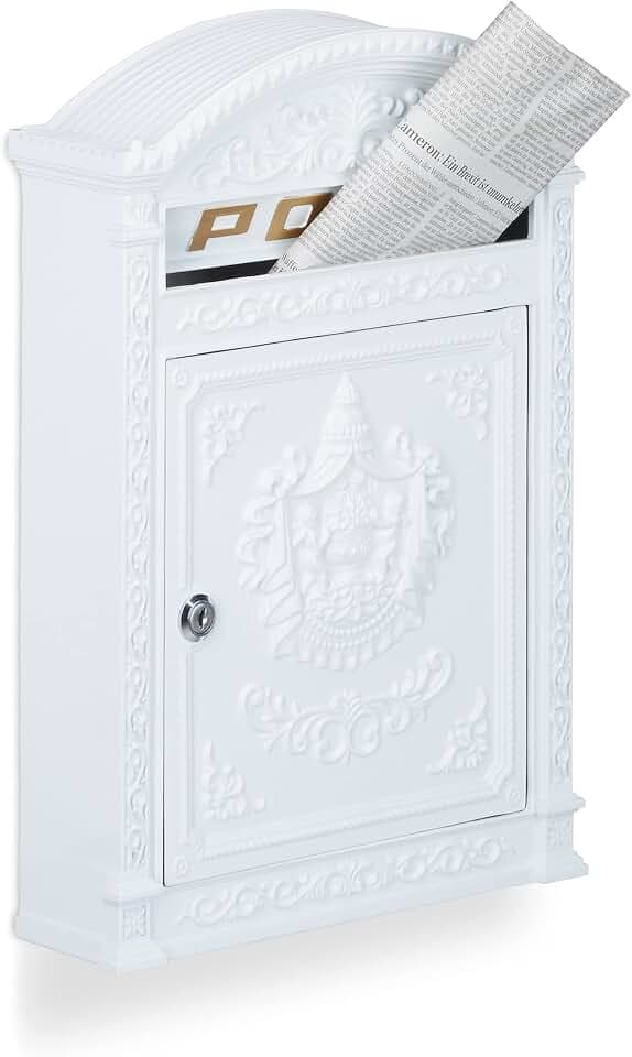 Relaxdays Briefkasten Antik, Englischer Wandbriefkasten, Aluguss, Briefschlitz für DIN A4, HBT: 44,5 x 31 x 9,5 cm, weiß