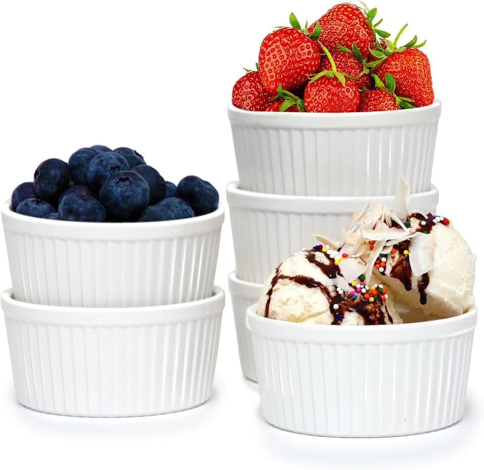 Nuwave Ceramic Baking Ramekins, 8oz, Set of 6, Ivory White, Dishwasher Safe