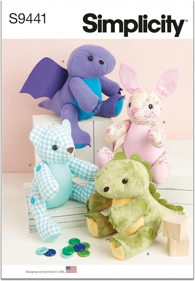 Simplicity S9441 Jointed Plush Animal Sewing Pattern, Dragon, Dinosaur, Bear & Bunny, 13 Inch