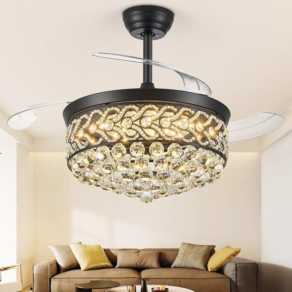 TXCSLY 48" Crystal Fandelier Ceiling Fan with Light, Black Chandelier Fan