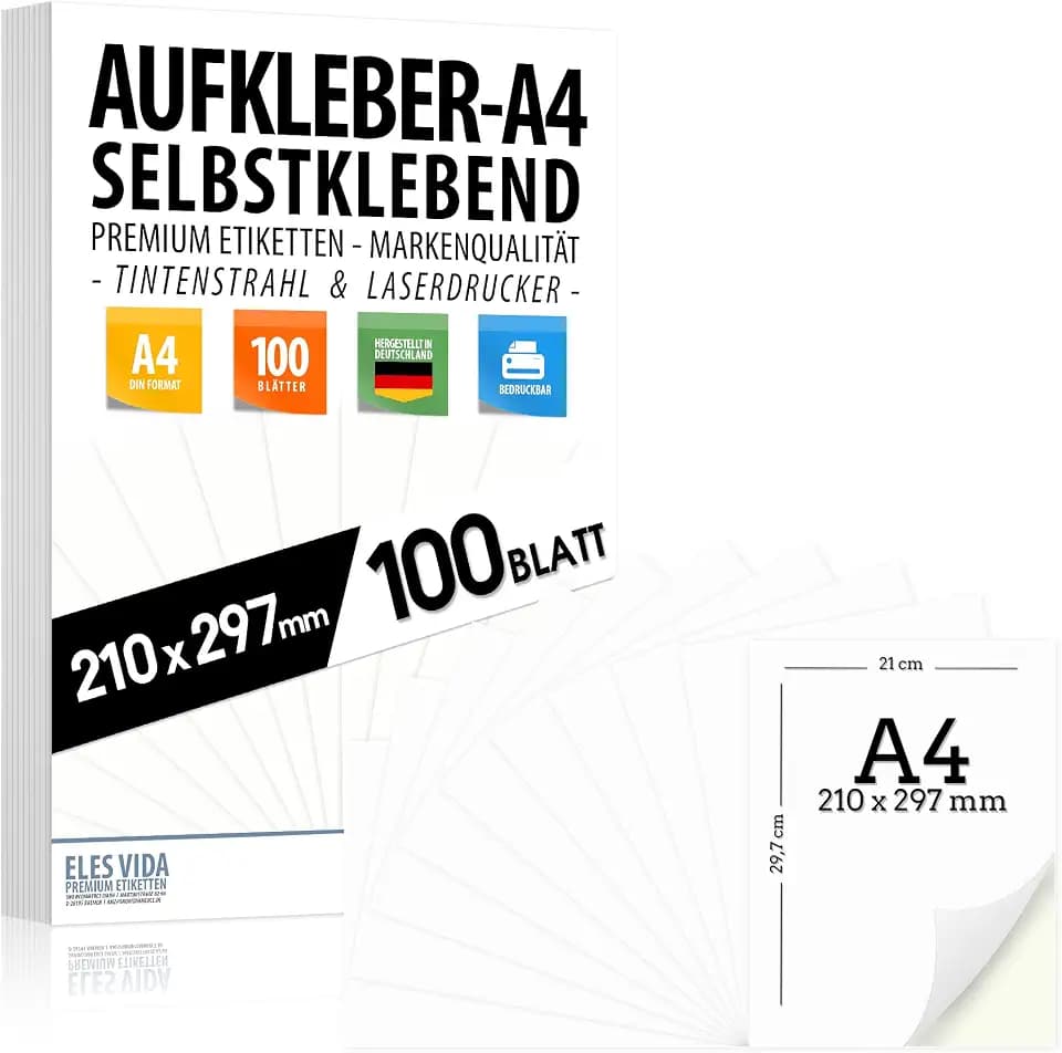 100 selbstklebende DIN A4 Etiketten Aufkleber, 210x297 mm, universell