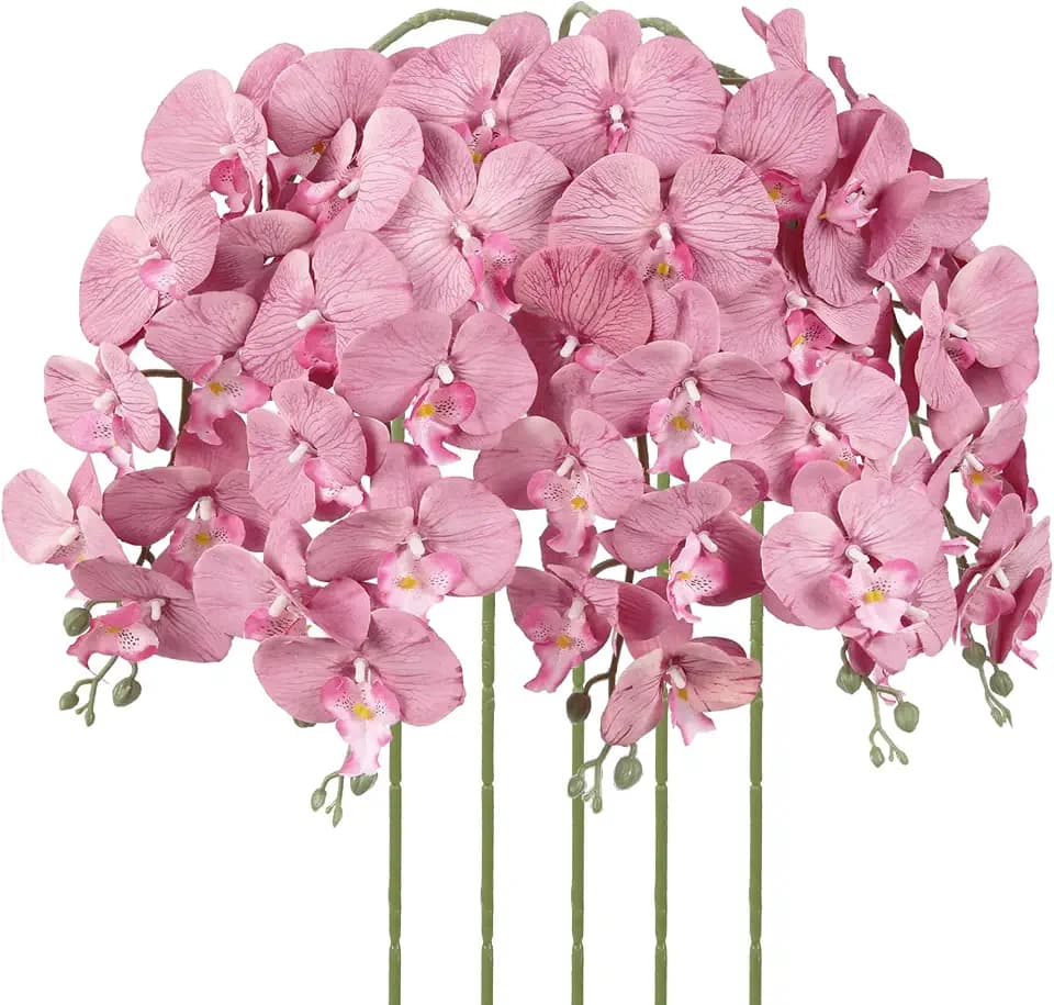 IPOPU Dusty Pink Orchid Artificial Flowers 5PCS Fake Orchid Long Stems Phalaenopsis Branches Real Touch Silk Orchids for Vase for Bridal Shower Home Party Wedding Decoration (Dusty Pink)
