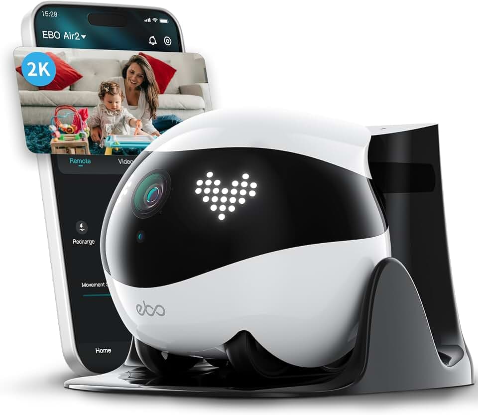 Enabot EBO Air 2 FamilyBot-Intelligenter 2K Überwachungskamera Roboter mit Selbstaufladung,Patrol Roboter für die Heimüberwachung,Kabellose Hundekamera&Katzen Kamera mit Nachtsicht,2-Wege-Audio (Weiß)