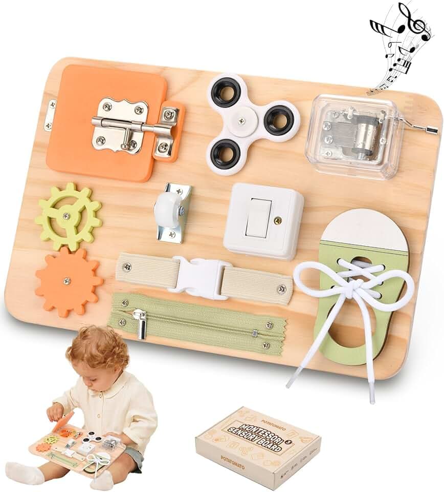 Montessori Spielzeug für Kleinkinder - Busy Board - Lernspielzeug Motorikspielzeug Sensorik Spielzeug Holzspielzeug - Autismus & ADHS Spielzeug - Förderung der Feinmotorik - kompaktes Reisespielzeug