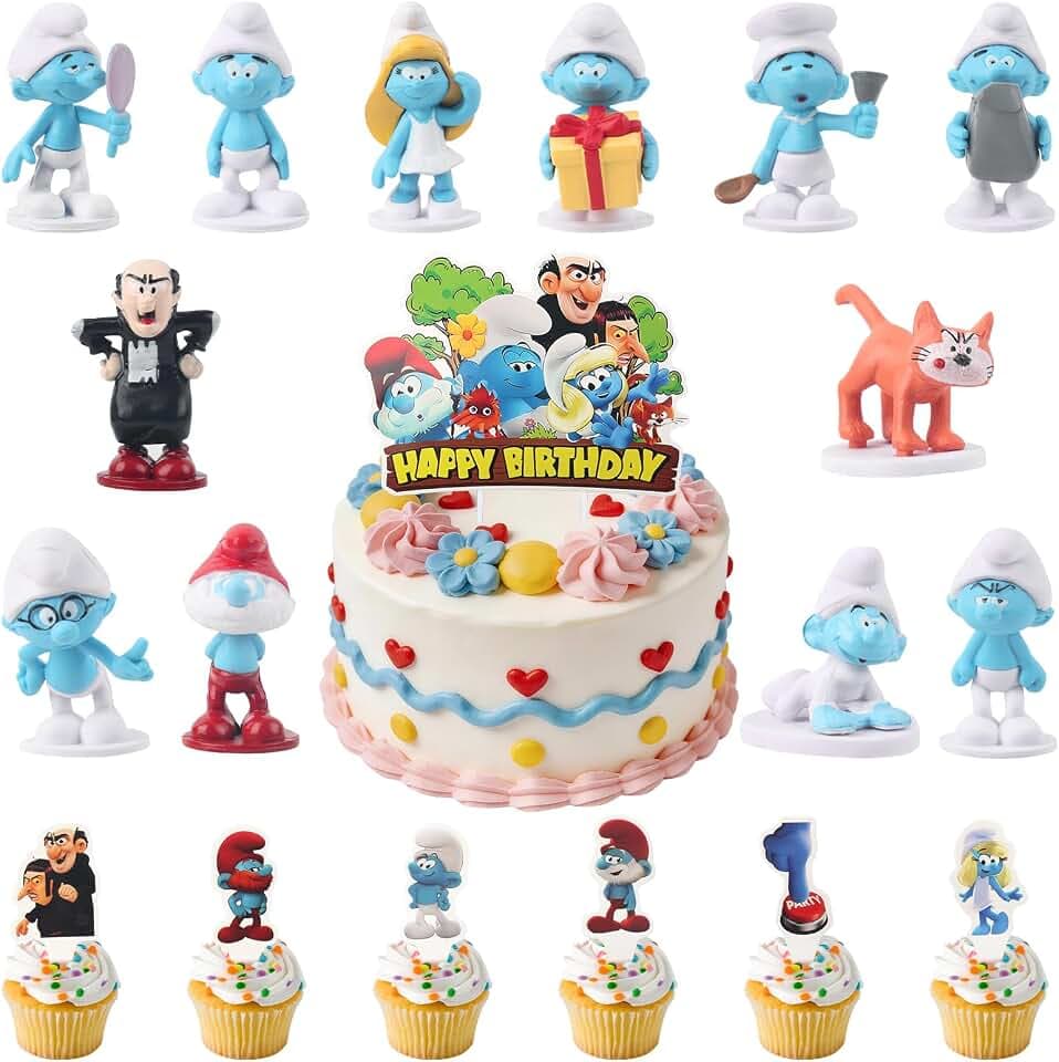 25 Stück Schlümpfe Figuren Tortendeko mit Minifiguren Cupcake Deko Happy Birthday Kuchendecko, Mädchen Junge Party Geburtstag Dekoration Geburtstagsfeiern