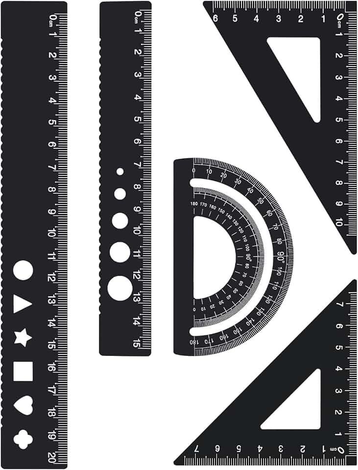 5 Stück Lineal-Set aus Metall Geometrie Lineal Set Aluminiumlegierung Architekten-Skala Lineal Set Winkelmesser-Zeichnungsset Winkelmesser-Messwerkzeug für SchüLer Schulzeichner (Schwarz)
