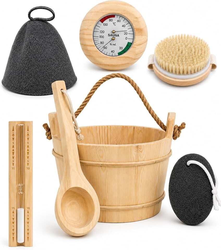 7-Piece Sauna Accessories Kit with Bucket, Ladle,Thermometer and Sauna Hat
