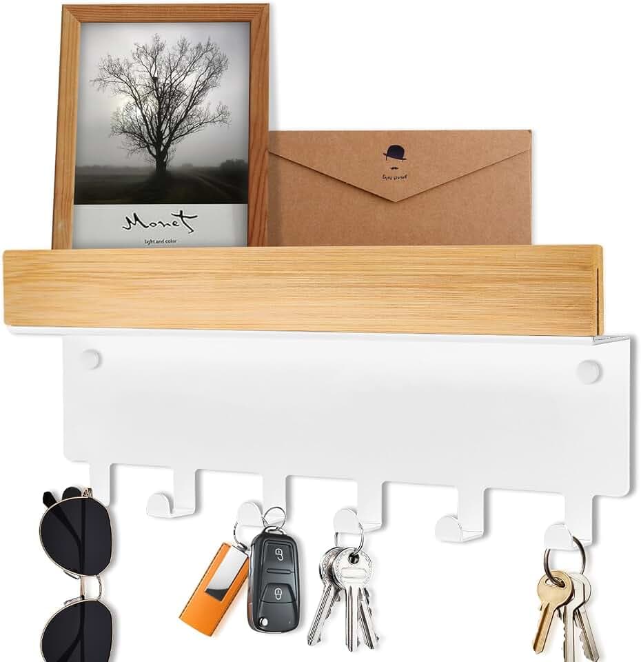 Schlüsselbrett mit Ablage Holz Klein 6 Haken Weiss