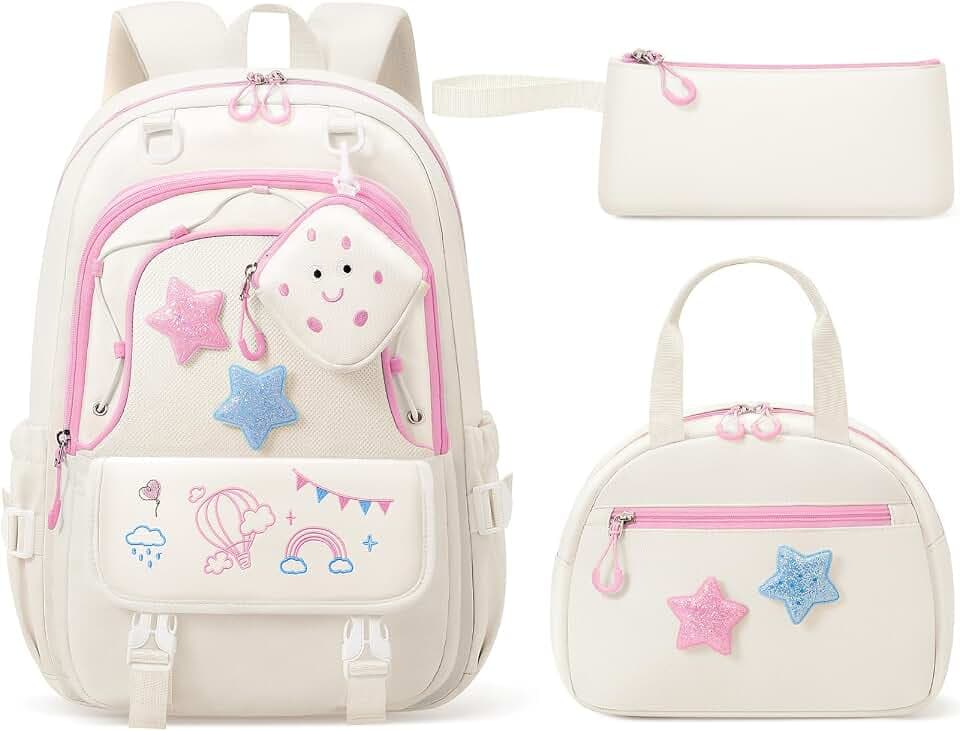 Fimibuke Kids Backpacks for Girls, 4 PCS Cute Bookbag Set for School Beige