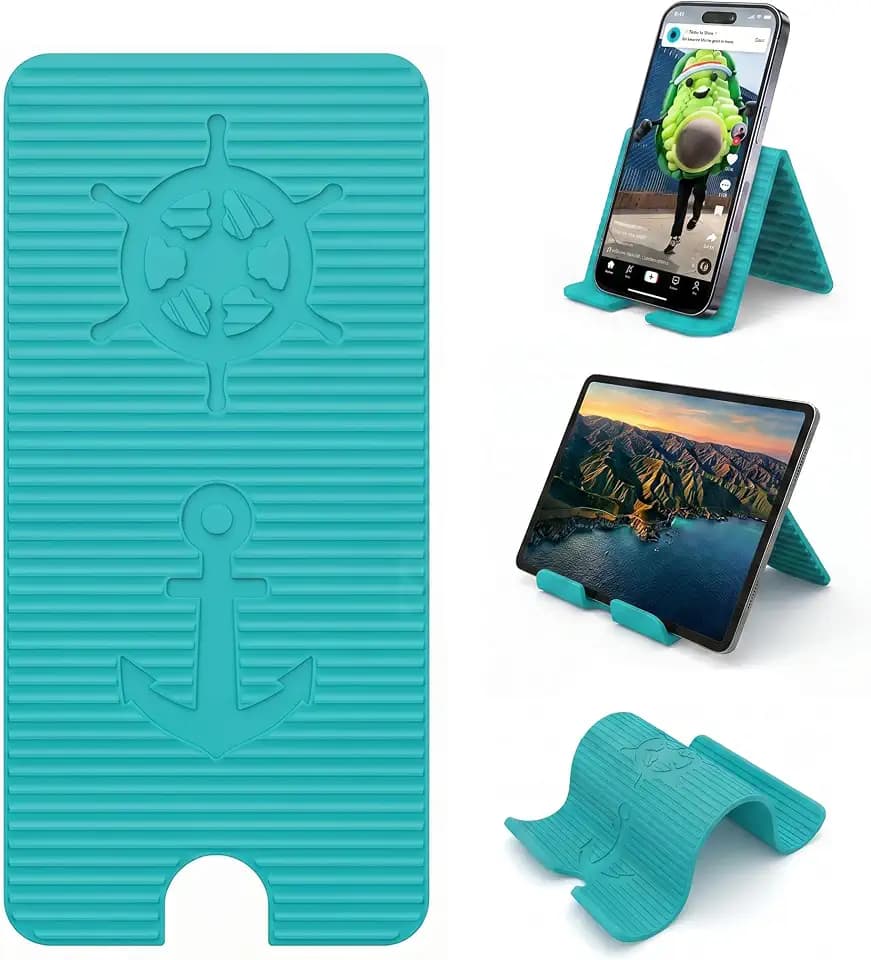 Adjustable Foldable Silicone Phone Stand, Cyan Blue, with Charging Port, Non-Slip Desk Holder for iPhone, Samsung, Tablets