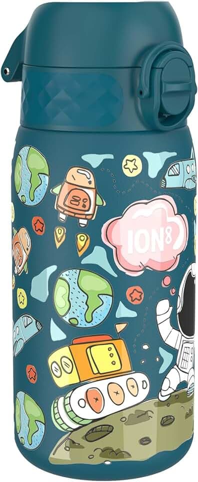 ion8 Kinder Trinkflasche Edelstahl Leicht 400ml Nicht Isoliert Auslaufsicher Einhandöffnung Sichere Verriegelung Spülmaschinenfest Klappdeckel Leicht zu Reinigen, Weltraummann
