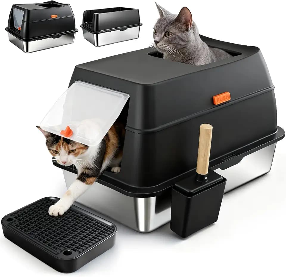 Katzenklo Edelstahl 60x40x38cm,Katzentoilette Vollgeschlossen | Katzenklo mit Doppeltem Eingang und Anti-Streu-Matte, Auslaufsicher Cat Litter Box für Große Katzen und Mehrkatzenhaushalte
