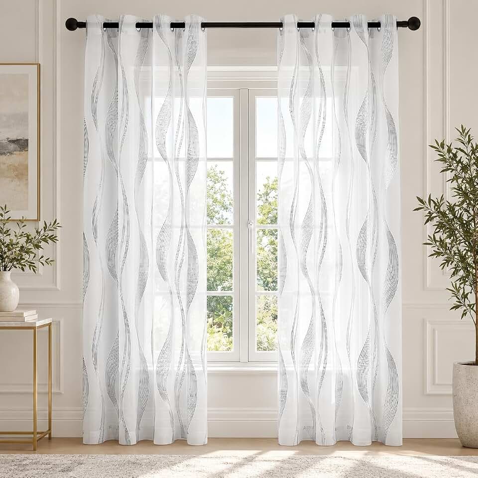 Deconovo White Sheer Curtains for Living Room 96 Inches Long, Pattern Panel
