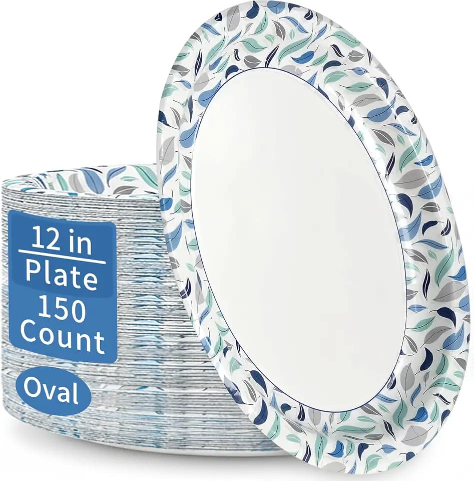 OuMuaMua Paper Plates 12 Inch, 12x10 Inch Oval Disposable Plates, 150 Count