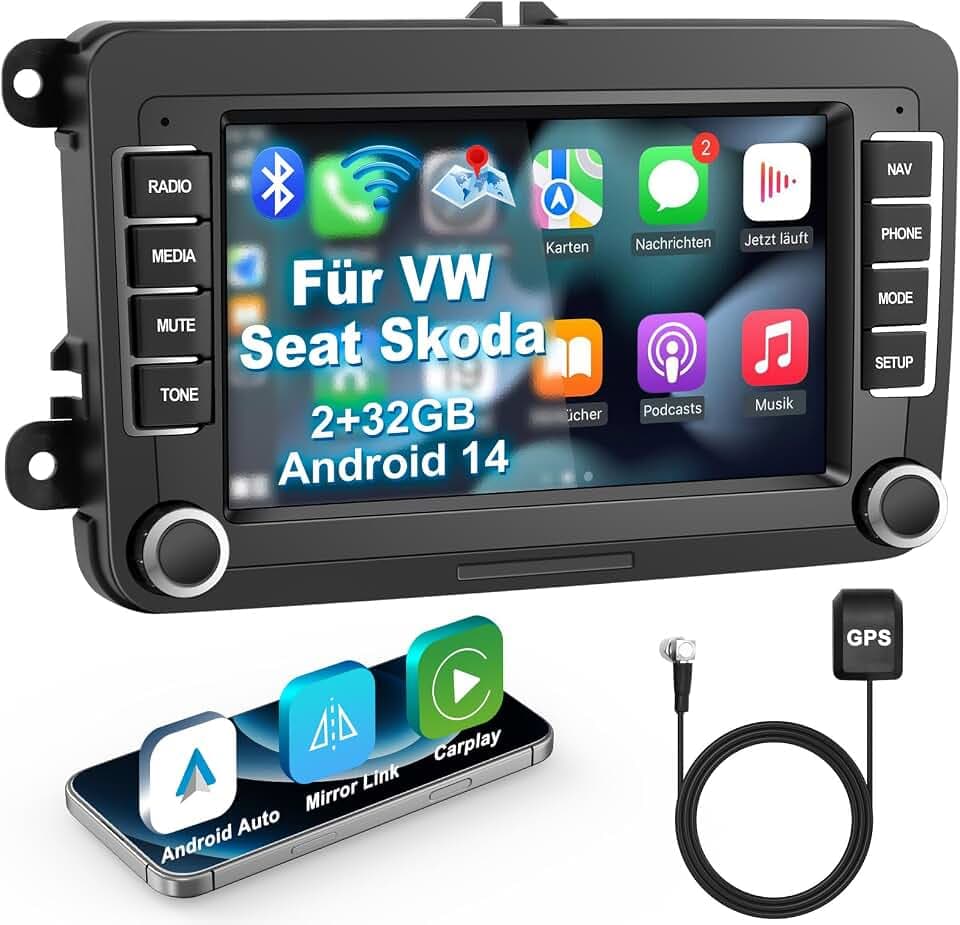Lehwey Bluetooth Autoradio mit Bildschirm für Golf 5 6 VW Polo T5 Passat Touran Seat mit Navi WLAN FM/AM, Apple Carplay, Android Auto, Lenkrad Strg, 2Din Android 14 Dab Auto Radio Touch Display 7 Zoll
