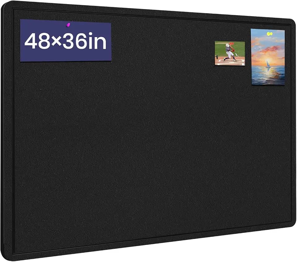 Large Cork Bulletin Board 48" x 36", Felt Pin Board, Black