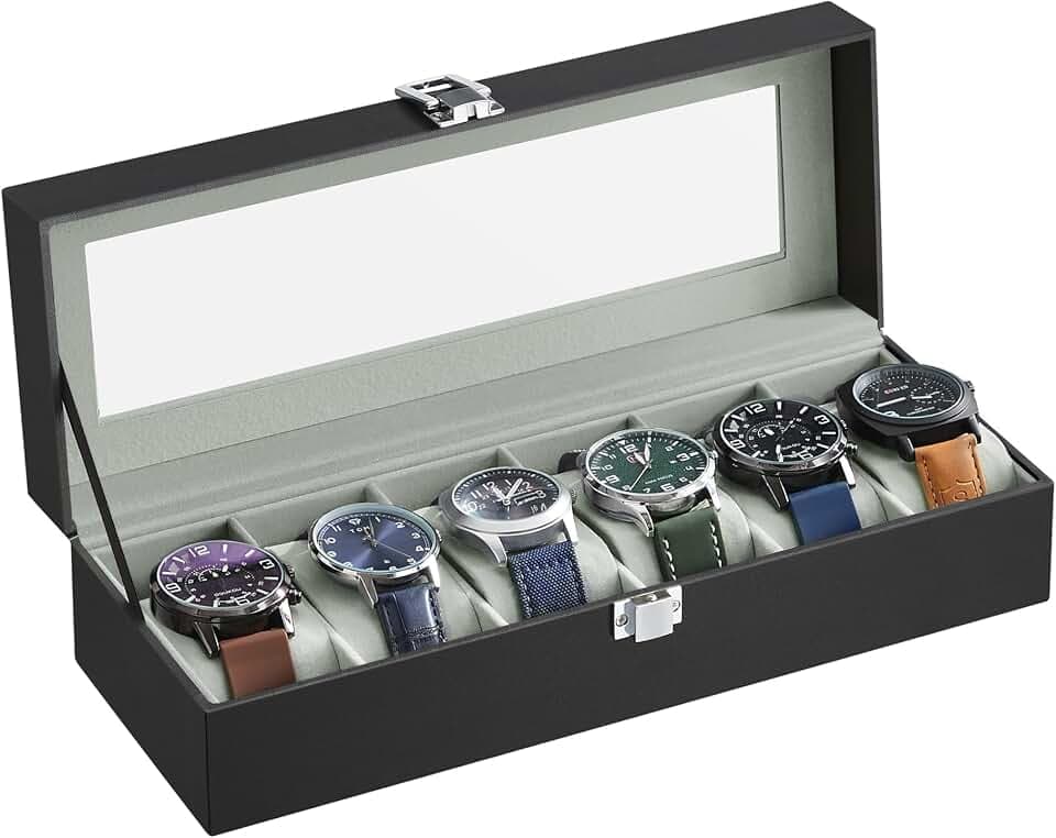 SONGMICS Uhrenbox mit 6 Fächern, Glasdeckel, herausnehmbare Uhrenkissen