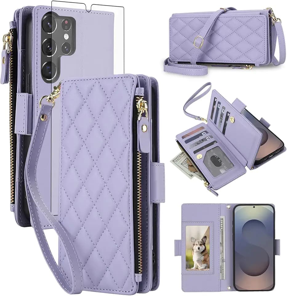 Phone Cover for Samsung Galaxy S25 Ultra 5G Wallet Case RFID Blocking Cell Zipper Screen Protector Crossbody Lanyard Strap PU Leather Card Holder S25Ultra 25S S 25 25Ultra 2025 Women Men Purple