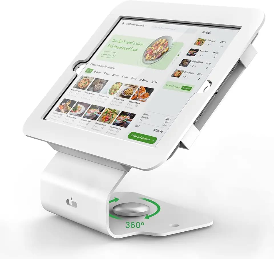 Kiosk POS Tablet Stand Compatible with 10.2 inch iPad 7 8 9 Generation, Business Desktop Retail Tablet Stand with 360° Swivel Base, Metal, White, PSC101WT