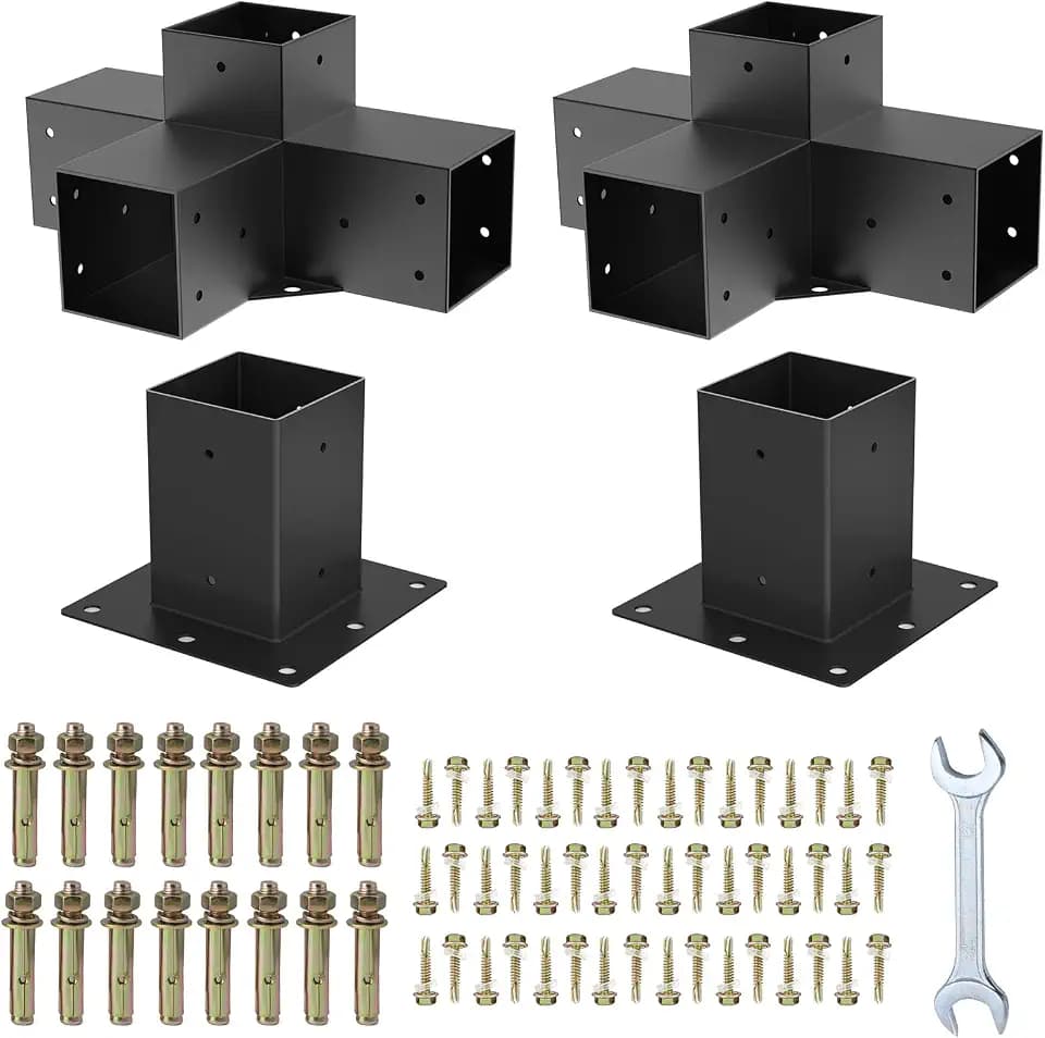 Woodworks Pergola Brackets - Modular Modern Outdoor Pergola Hardware Kit - DIY Elevated Wood Stand - Includes 2 Bracket Shoulders & 2 Boots for 4x4 (Actual: 3.5x3.5 Inch) Lumber