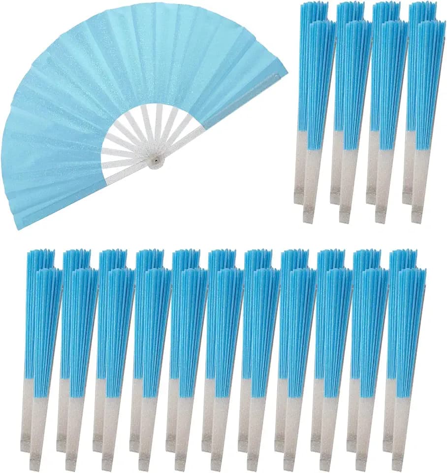 30PCS Large Handheld Rave Folding Fan for men/women,Foldable Decorative Fans,rave accessories,Used for Dance,Parties,Wedding,Music Festival, Decorations (Glitter Light Blue)