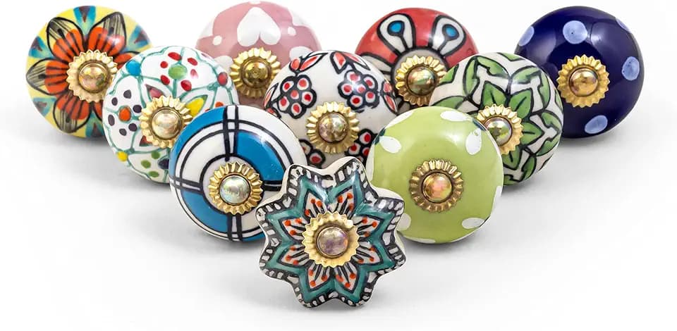 RAJRANG BRINGING RAJASTHAN TO YOU Mehrfarbig Keramik Türgriffe Schrankknöpf Schubladen Vintage Kommode Griff Möbelknöpfe Set mit 10