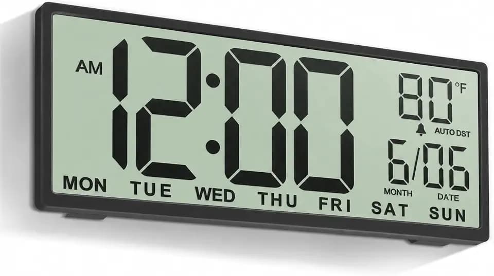 JALL Large Digital Wall Clock Battery Operated, Wall Clock with Big Numbers LCD Display, Digital Clock with Date Day Temperature, Alarm, Auto DST, Clocks for Classroom, Office, Bedroom, Elderly- Black