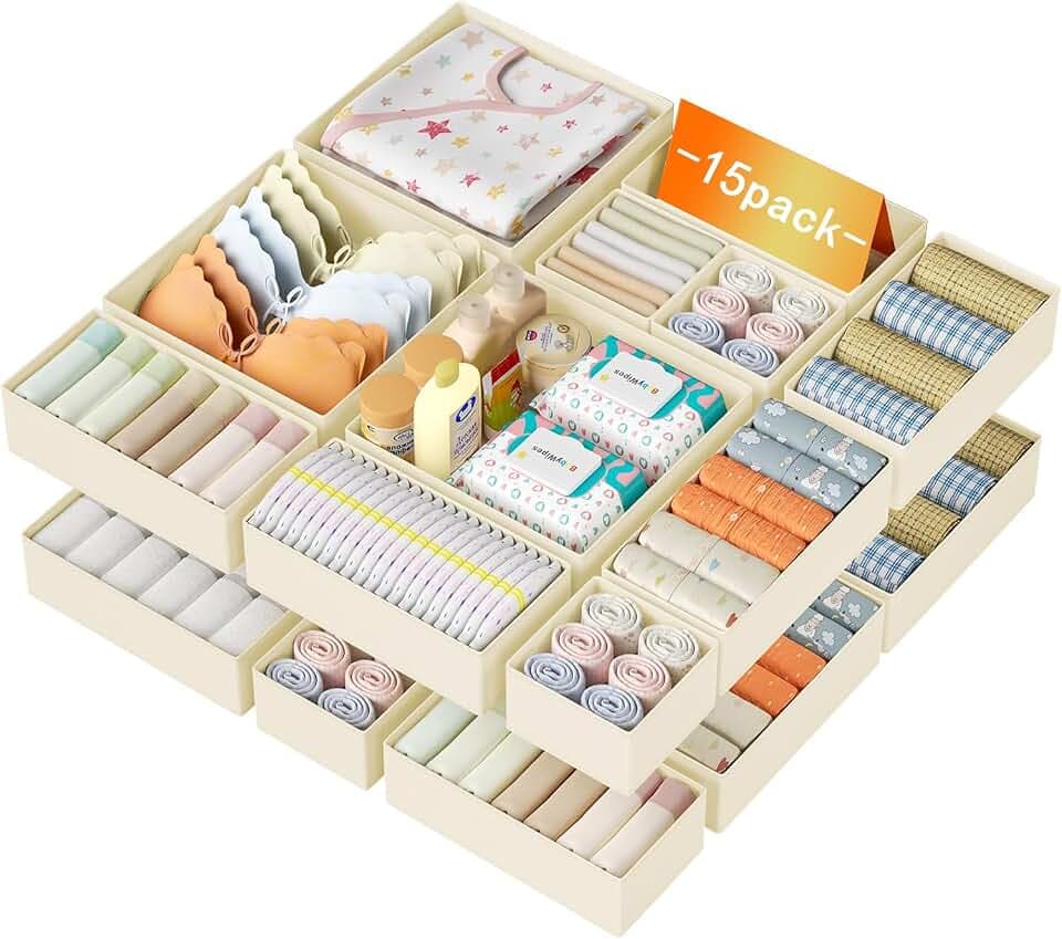 DIMJ Schubladen Ordnungssystem Unterwäsche Organizer - 15er Set Kleiderschrank Aufbewahrungsbox Schrank, Wickeltisch Organizer Stoffboxen Aufbewahrun für Kleidung, Socken, Beige