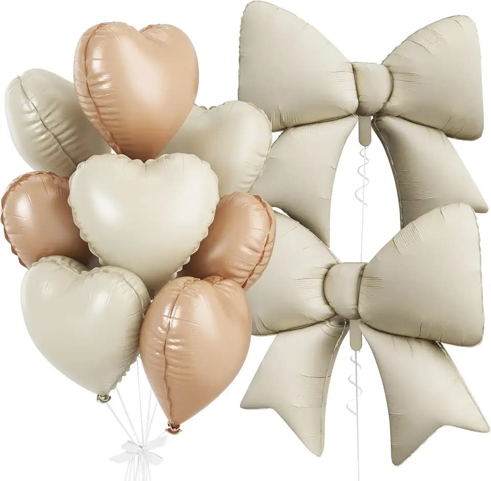 Bow Balloons, Beige Heart Balloons for Baby Shower Wedding Birthday Party