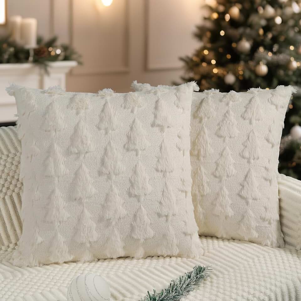 Miaikoe Weihnachtskissenbezüge 50x50 cm Set von 2 Creme Weiß Weihnachtsbaum-Kissenbezüge Weich Plüsch Kunstpelz für Winterferien Wohnzimmer Reiseautobahn Sofa Dekoration